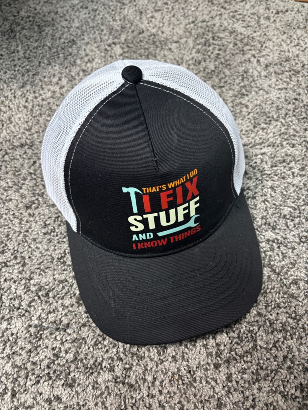 Black and White Trucker Hat with 'I Fix Stuff' Graphic
